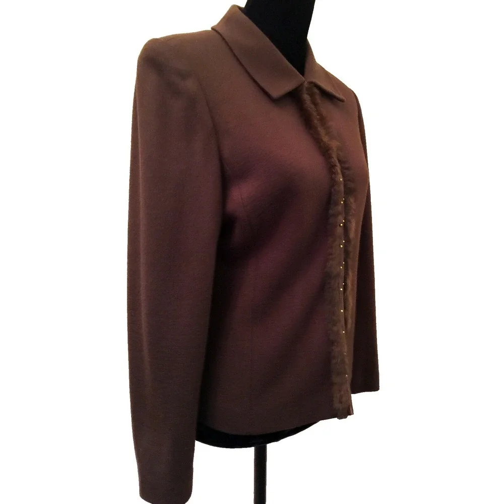 Topami Womens Blazer Jacket Size 40 EU Brown Collared Fur Trimmed Embellished‎
